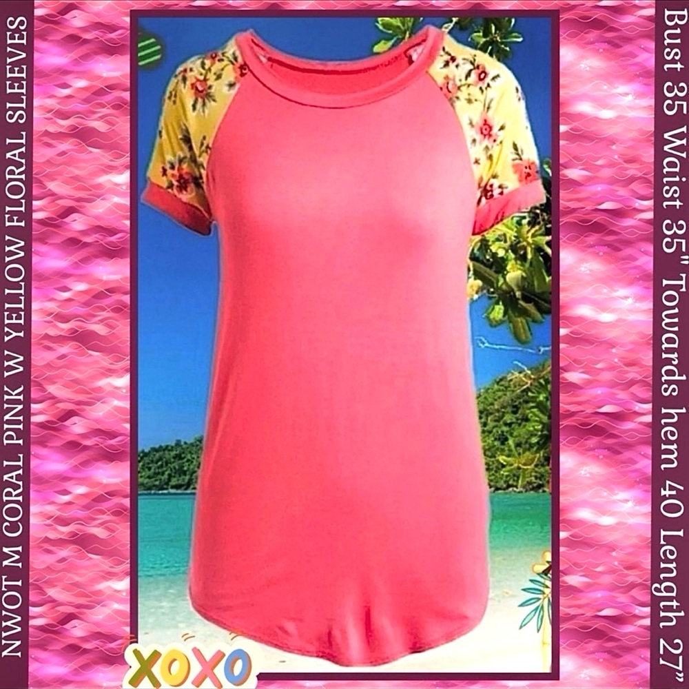 COOL MELON NWOT M CORAL/YELLOW FLORAL LIGHTWEIGHT T SHIRT CASUAL COTTAGECORE